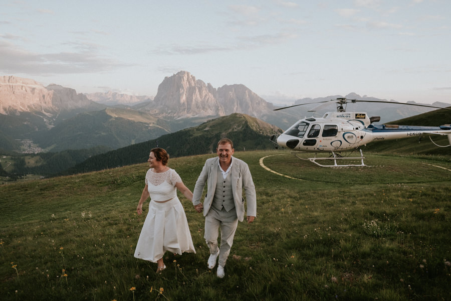 A bridal couple up on Seceda in the Italian Dolomites