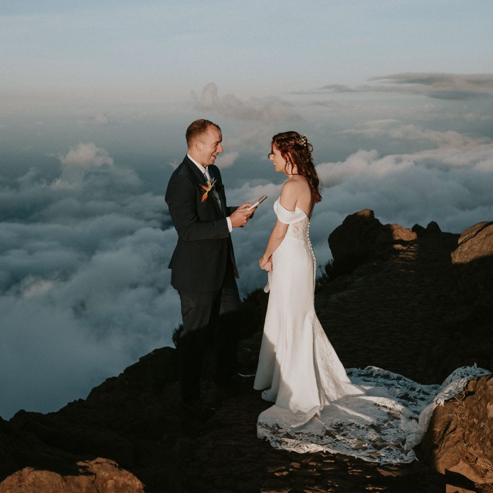 A bride and groom on top of Pico do Arieiro on their Elopement in Madeira