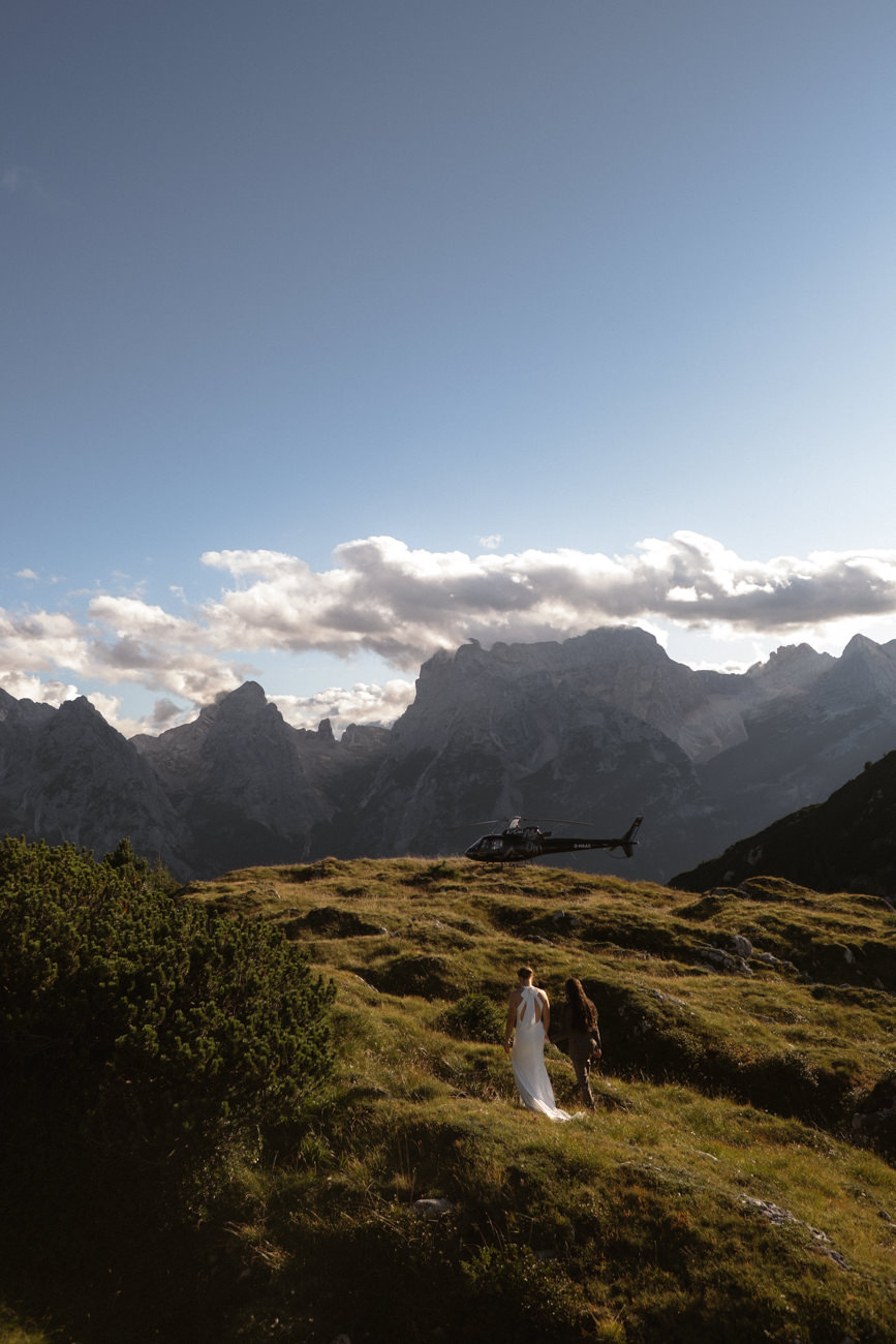 A sunset helicopter photo in the Dolomites