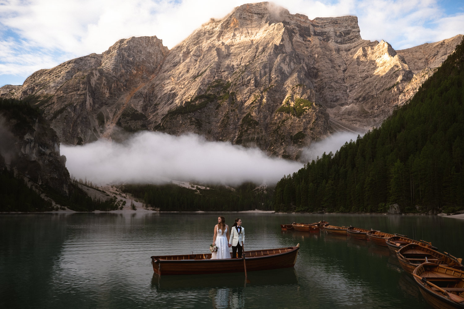 Two brides at their LGBTQ+ Dolomites Elopement at Lago di Braies