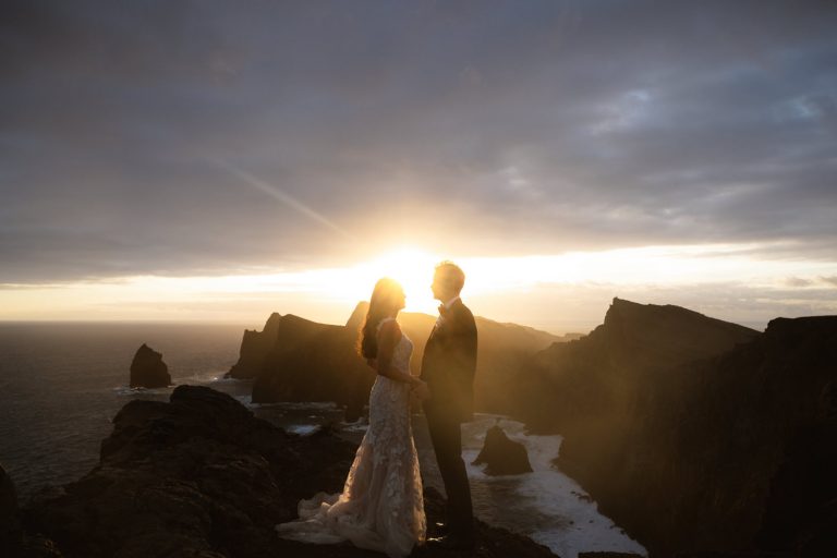 A bride and groom eloping at Ponta de São Lourenço in Madeira