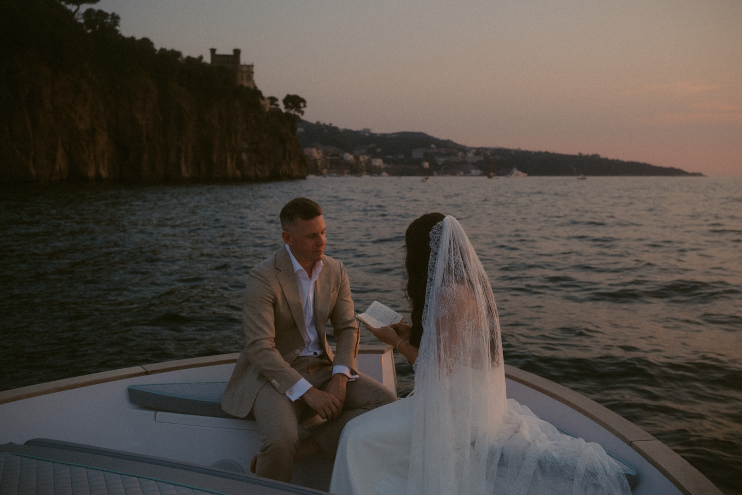 A wedding couple on a boat in Sorrento